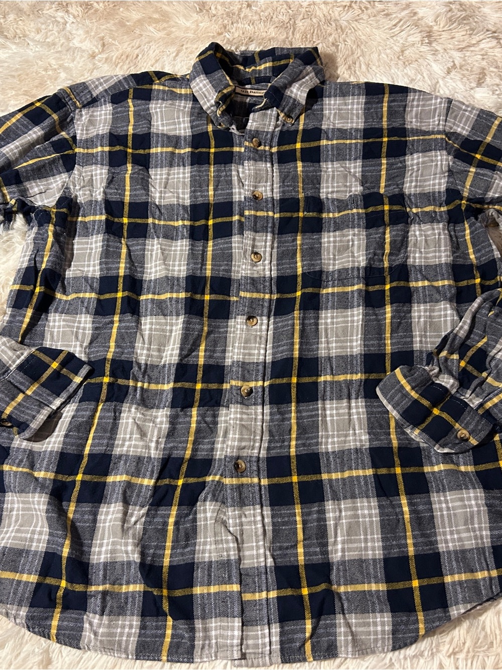 G.H. Bass & Co. Navy, Gray & Yellow Plaid Button-Up Shirt